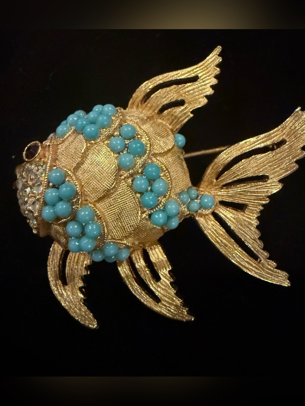 VTG SCHRAGER Turquoise & Rhinestone Fish Brooch Mid Century 1960s Rare